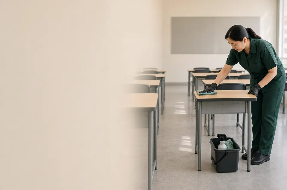수업이 끝난 강의실에서 책상과 통로를 관리하는 청소 전문가 · AI 설명 이미지